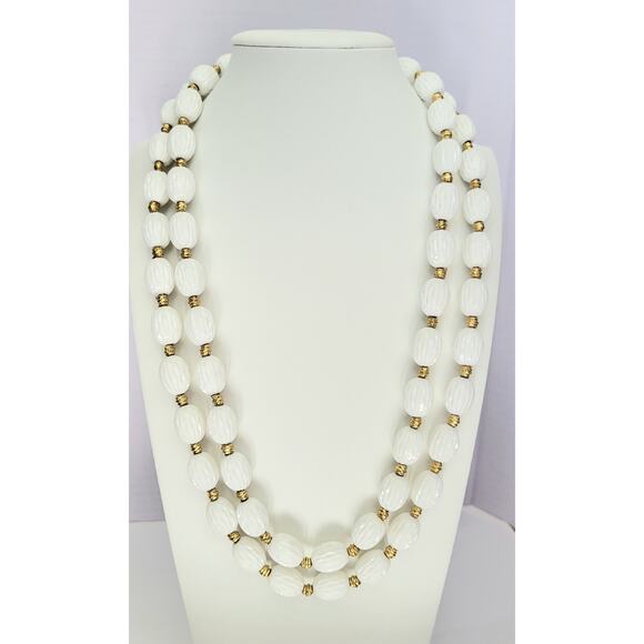 Crown Trifari Necklace Vintage Double Strand White Gold Signed - Picture 1 of 7